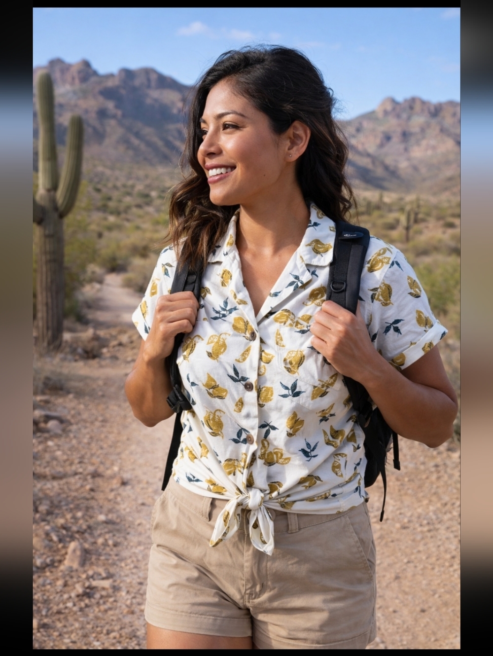 KÜHL Elsie SS Ivory Lemons Button Front Tie Hem Shirt Size Small NWT